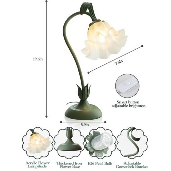 Flower Table Lamp LED Night Light Bedside Desk Lamp 3 Color Modes Green Decor - Picture 5 of 7